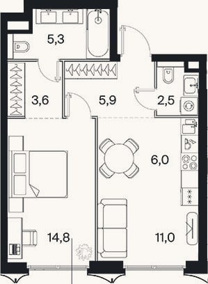 Планировка: 2-к, 49,1 м²
