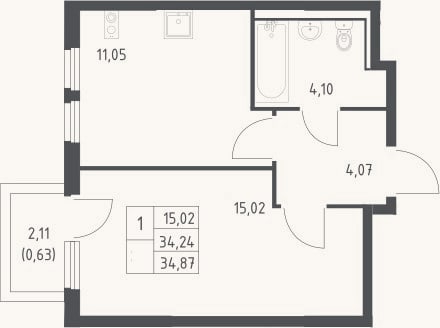 Планировка: 1-к, 34,2 м²