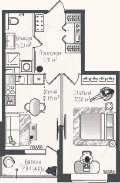 Планировка: 1-к, 45,4 м²