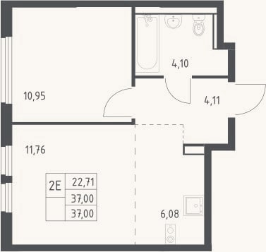 Планировка: 2-к, 37 м²
