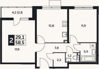 Планировка: 2-к, 56,4 м²