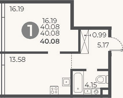 Планировка: 1-к, 40,1 м²