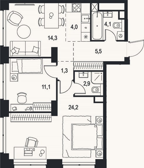 Планировка: 3-к, 67,4 м²