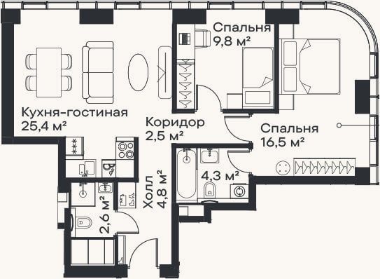 Планировка: 3-к, 65,9 м²