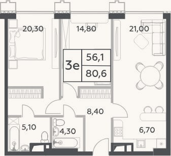 Планировка: 3-к, 80,6 м²