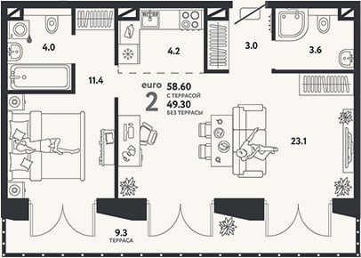 Планировка: 2-к, 49,3 м²