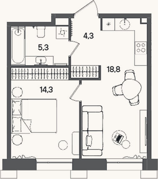 Планировка: 2-к, 42,7 м²
