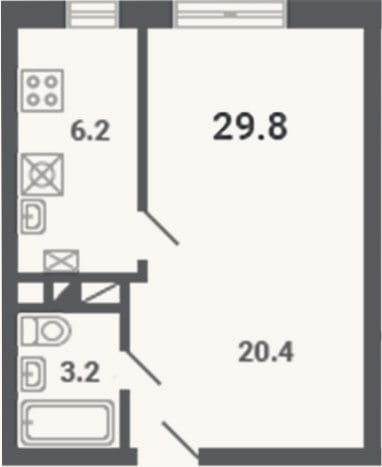 Планировка: 1-к, 29,8 м²