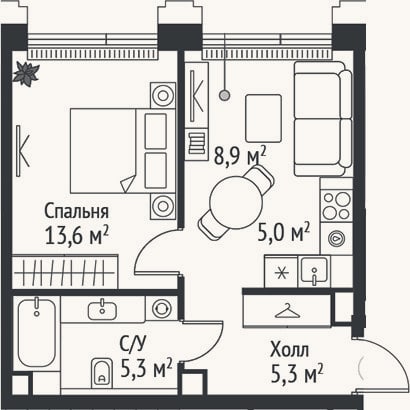 Планировка: 2-к, 38,1 м²