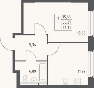 Планировка: 1-к, 36,3 м²