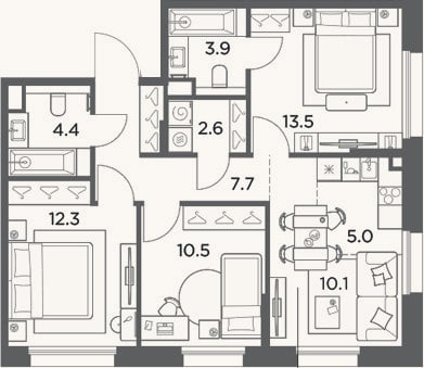 Планировка: 4+ к, 70 м²