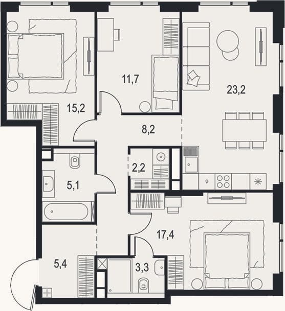 Планировка: 4+ к, 91,7 м²
