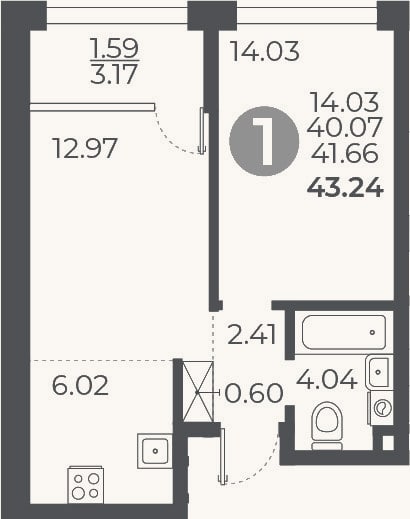 Планировка: 1-к, 40,1 м²