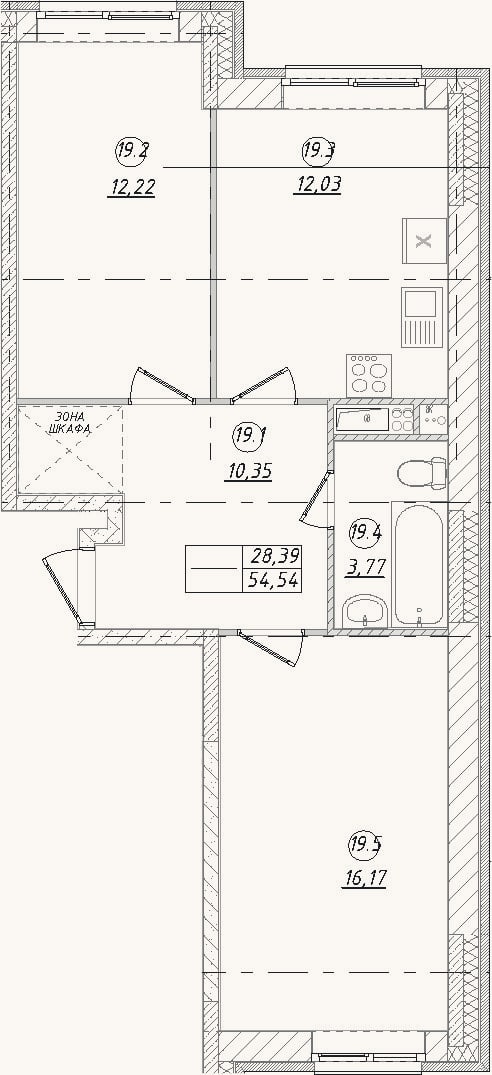 Планировка: 2-к, 54,5 м²