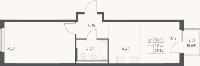 Планировка: 2-к, 48,1 м²
