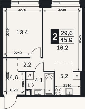 Планировка: 2-к, 45,9 м²