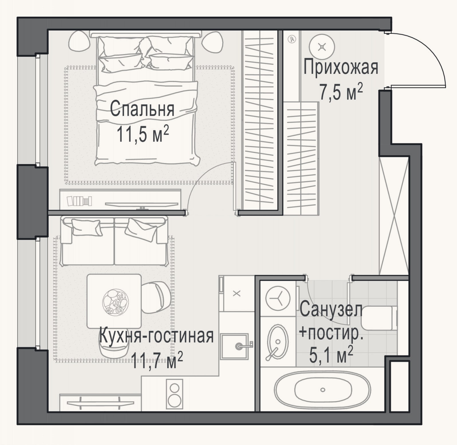 Планировка: 1-к, 35,5 м²