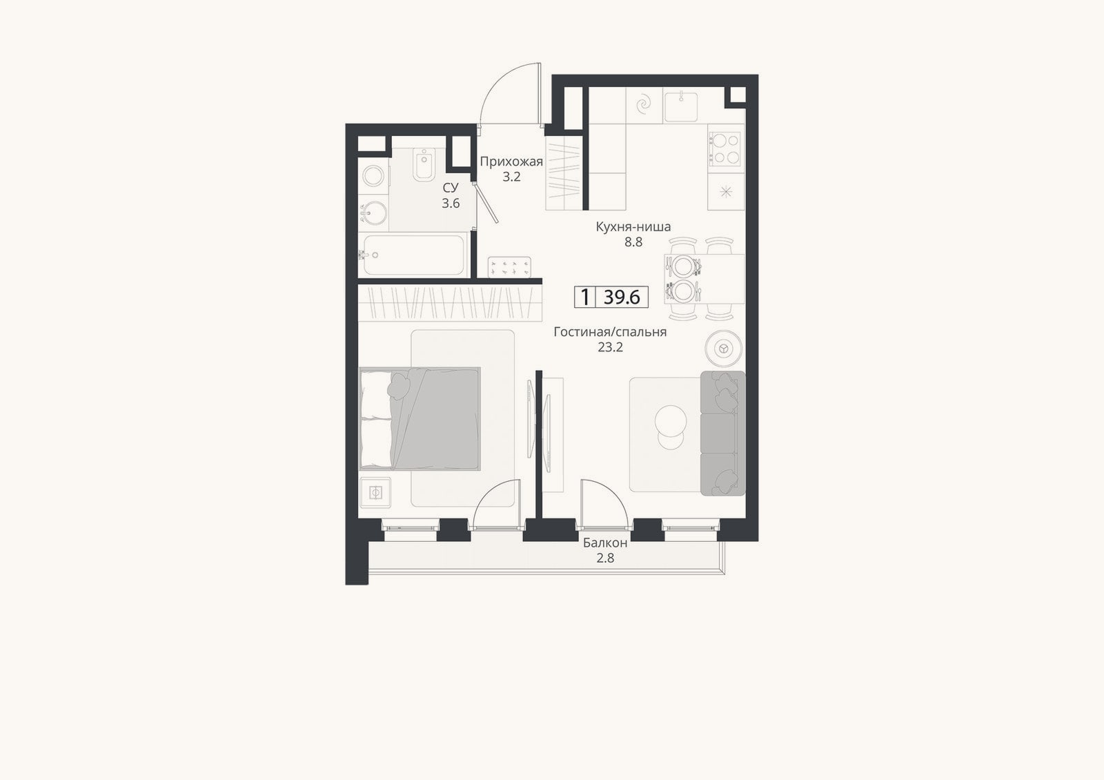 Планировка: Студия, 38,8 м²