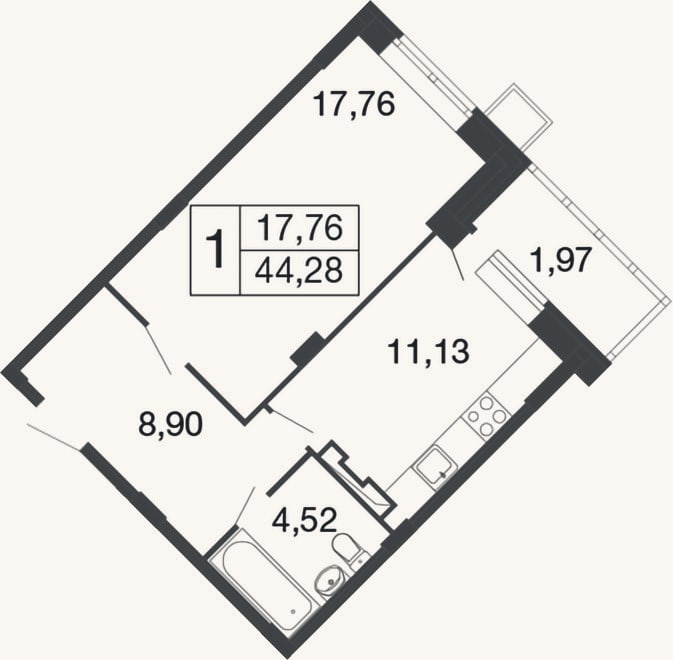 Планировка: 1-к, 42,3 м²