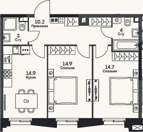 Планировка: 2-к, 61,7 м²