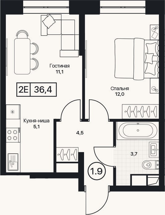 Планировка: 2-к, 36,4 м²