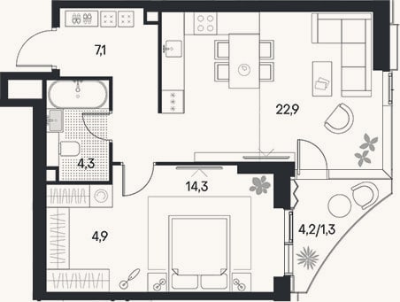 Планировка: 2-к, 53,4 м²