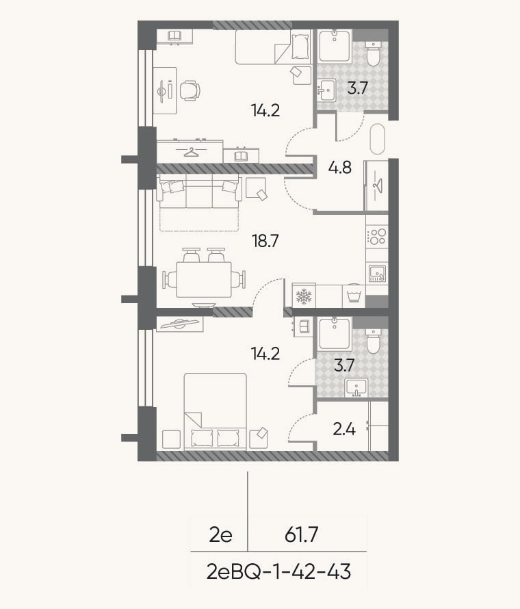 Планировка: 3-к, 61,7 м²