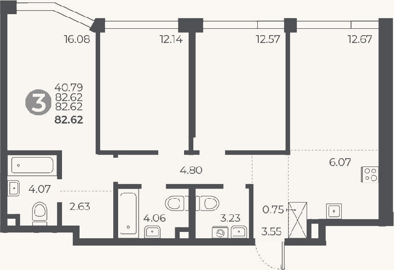 Планировка: 3-к, 82,6 м²