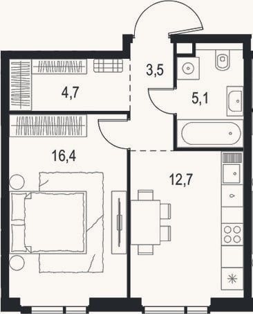 Планировка: 1-к, 42,4 м²