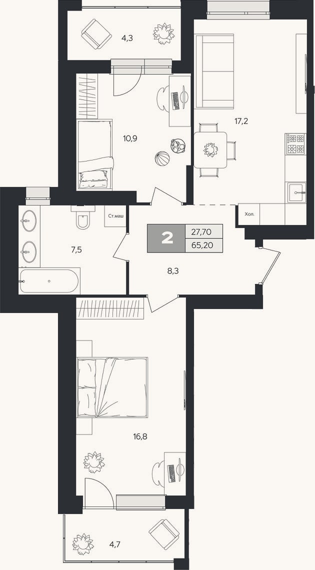 Планировка: 2-к, 60,7 м²