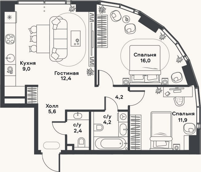 Планировка: 3-к, 65,7 м²