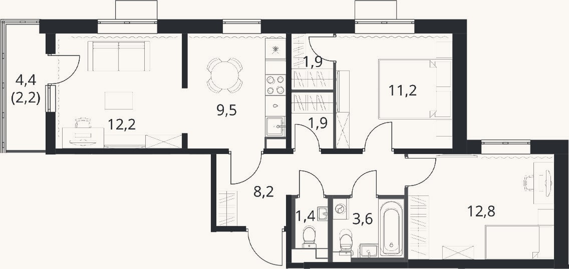 Планировка: 3-к, 62,7 м²