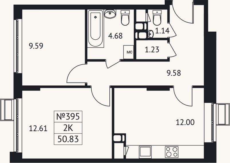 Планировка: 2-к, 50,8 м²