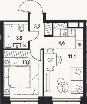 Планировка: 2-к, 33,5 м²