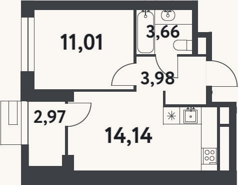 Планировка: 1-к, 32,8 м²