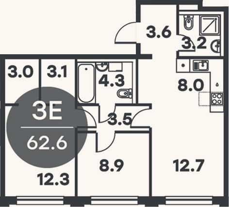 Планировка: 3-к, 62,6 м²