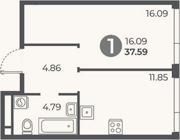 Планировка: 1-к, 37,6 м²