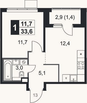 Планировка: 1-к, 32,2 м²