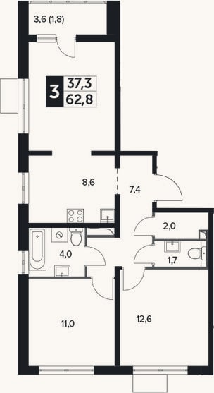 Планировка: 3-к, 61 м²
