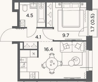 Планировка: 1-к, 34,7 м²
