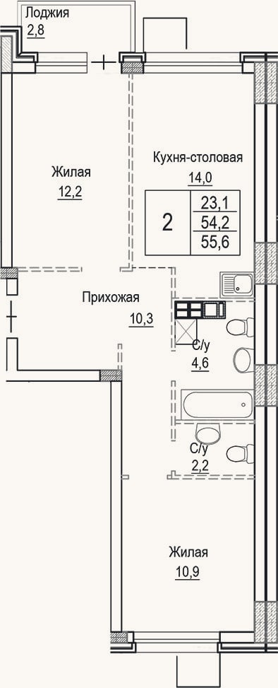 Планировка: 3-к, 54,2 м²