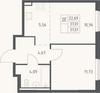Планировка: 2-к, 37 м²