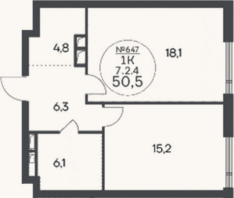 Планировка: 1-к, 50,5 м²