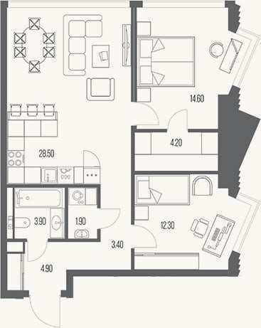 Планировка: 2-к, 73,7 м²