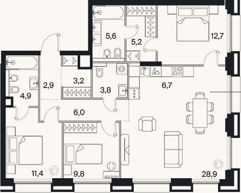 Планировка: 4+ к, 101,2 м²
