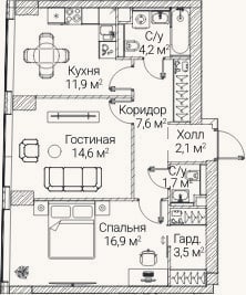 Планировка: 2-к, 61,9 м²