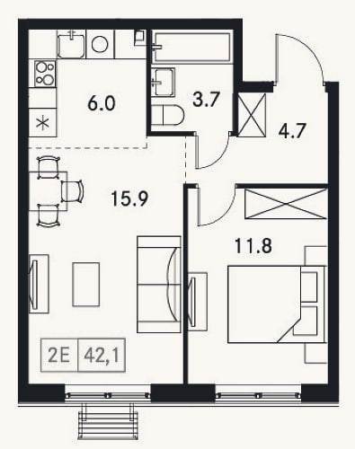Планировка: 2-к, 42,1 м²