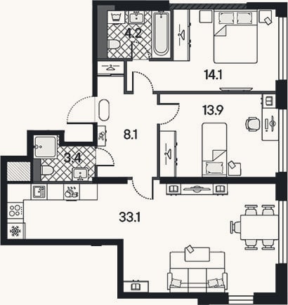 Планировка: 3-к, 76,8 м²