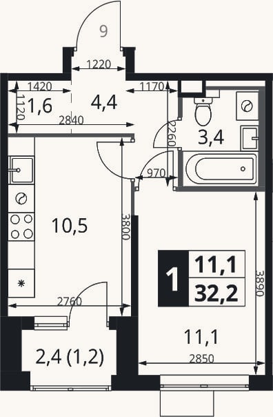 Планировка: 1-к, 31 м²