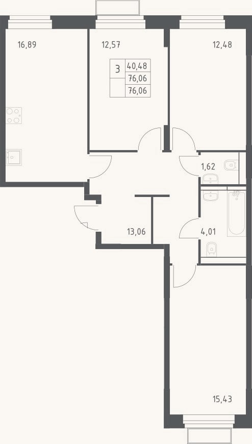 Планировка: 3-к, 76,1 м²